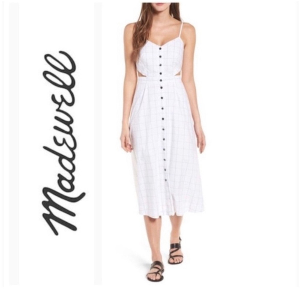 Madewell White Black Button Down Front Windowpane Cutout Cami Midi Dress Size 10